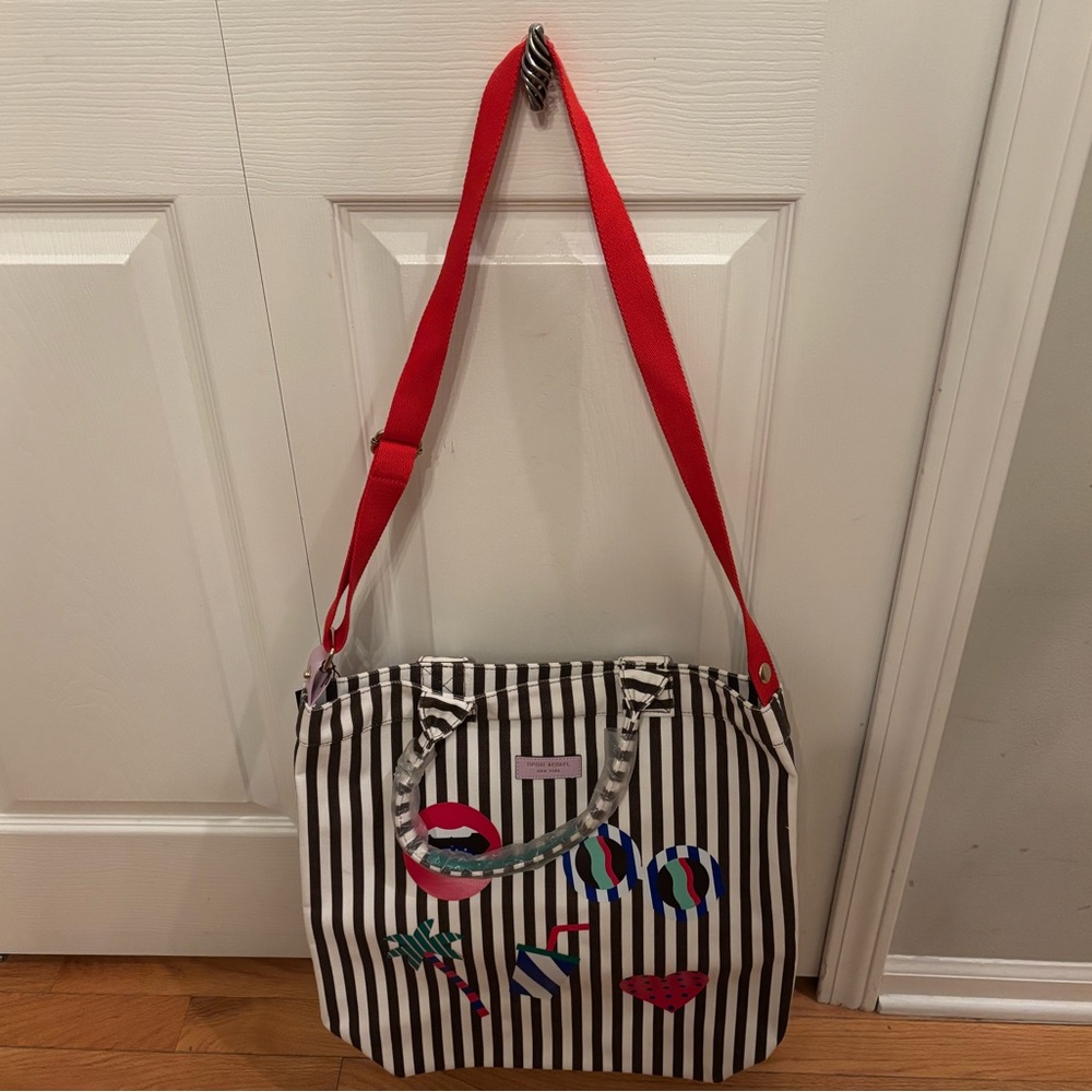 Henri Bendel Black and White Striped Tote with Red Strap
